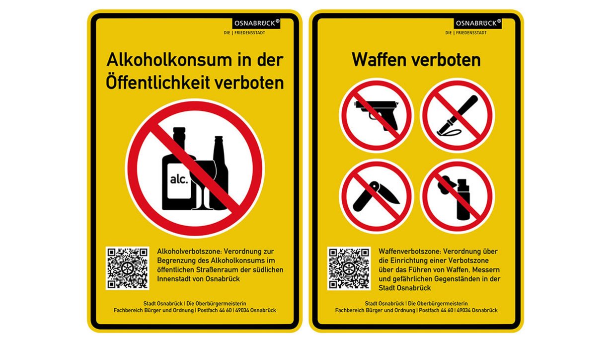 Die Schilder der Alkoholverbotszone und Waffenverbotszone in Osnabrück. 