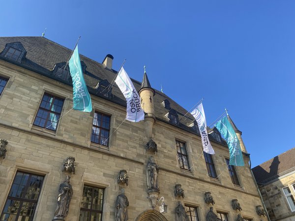Stadtlogo auf Fahnen am Rathaus